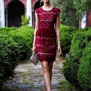 Anthropologie Maeve Elsa Wine Burgundy Lace Peplum Dress